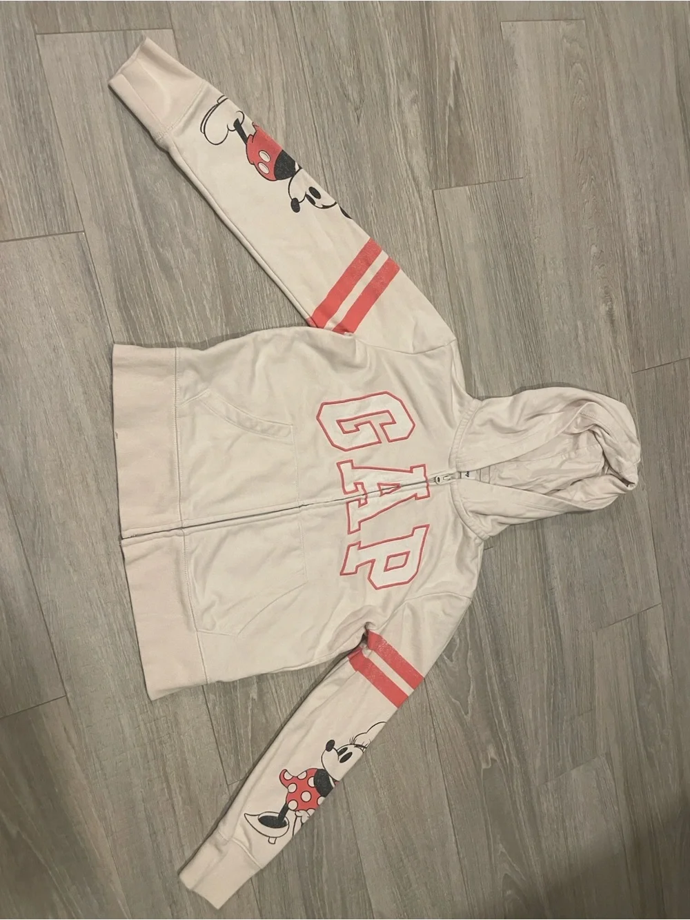 GAP Cream Hoodie with Red-Striped Mickey Sleeve Art
